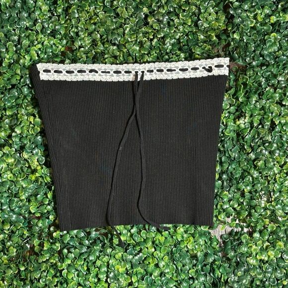Pretty Garbage Black Strapless Whimsigoth White Trim Crop Top Size Medium - Picture 1 of 3